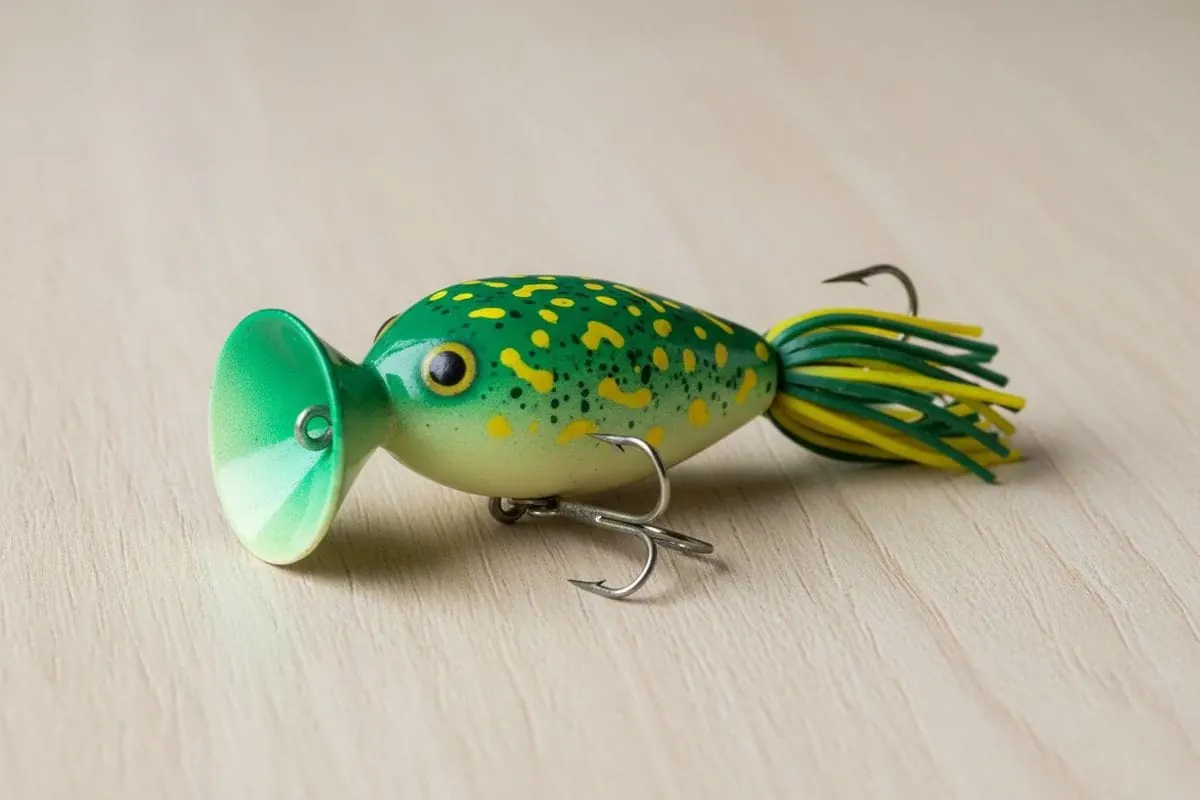Illustration of a frog-spotted topwater popper with a cupped face and a rubber skirt