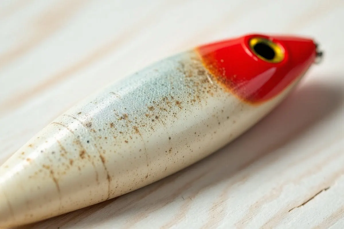 Close-up of hook rash scratches along the side of a pencil bait